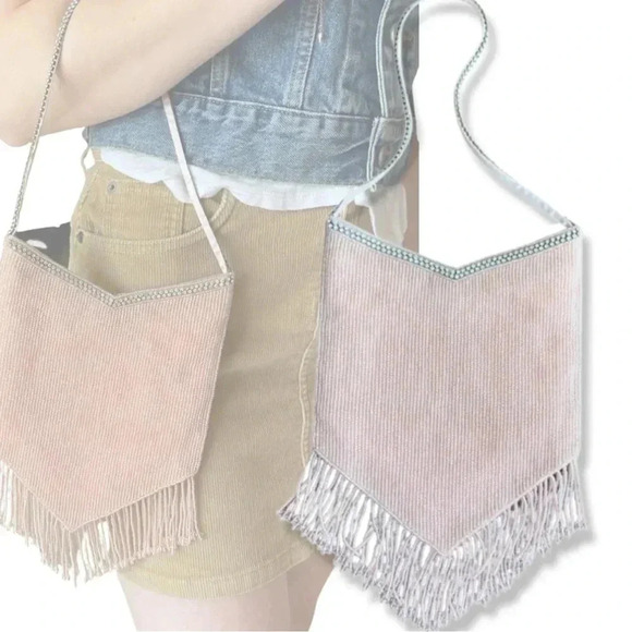 Vintage 90s/00s Blush Beaded Fringe Evening Bag w/ Rhinestone Strap - Picture 2 of 13